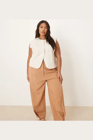 ASOS Curve tailored linen pants with multi-way tab hem in tan