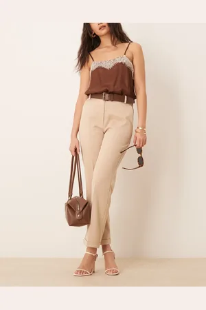 ASOS Tailored slim straight leg pants with PU belt in stone