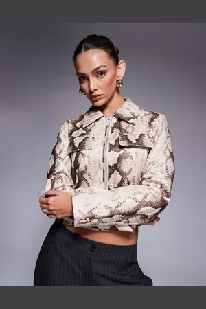 River Island Snake faux leather harrington jacket in beige
