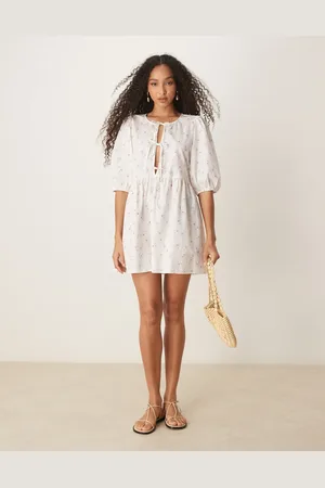 Gina Tricot Tie front bodice mini dress with puff sleeves in ditsy floral print