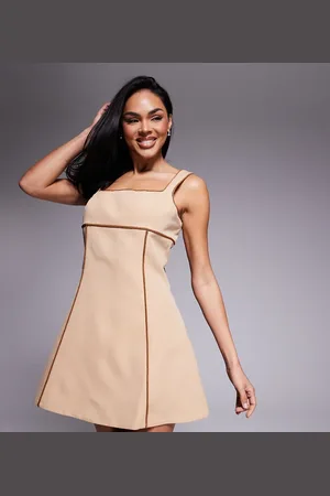 Murci Exclusive square neck rope detail mini dress in beige
