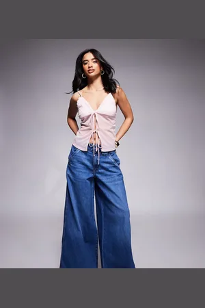 River Island Wide leg jeans with elastic back in midwash