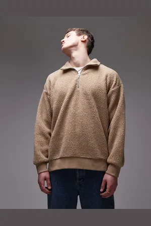 Topman Quarter zip borg sweatshirt in stone