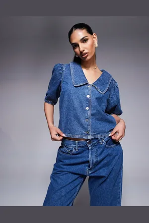 River Island Denim puff sleeve top in midwash