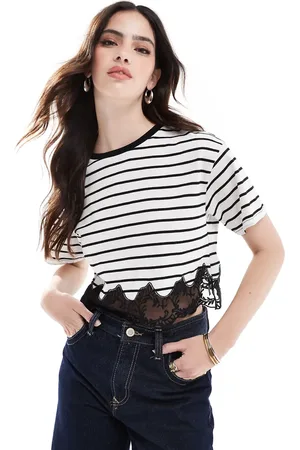 Miss Selfridge Striped lace hem short sleeve T-shirt