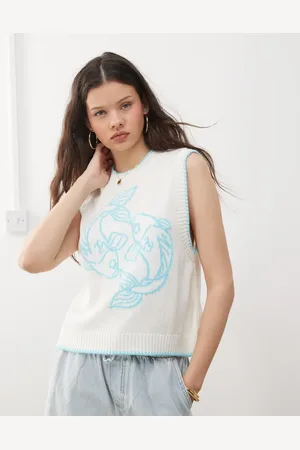Reclaimed Knit tank with fish print in and aqua blue