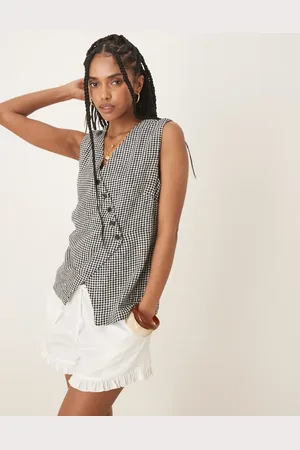Abercrombie & Fitch Longline asymmetric linen mix vest in black gingham