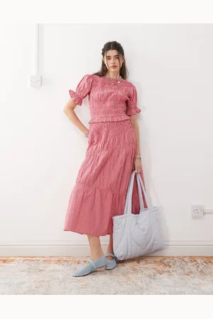 Reclaimed Midi sun dress with puff sleeve and shirred detail in red stripe