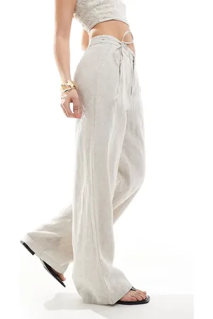 Pull&Bear Linen tie waist detail pants in