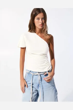Pull&Bear One shoulder ruched short sleeve top in ecru
