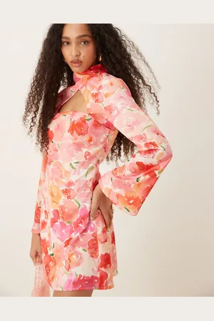 Y.A.S High neck cut out satin mini dress in floral print