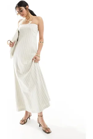 4th & Reckless Linen mix bandeau maxi dress in cream stripe