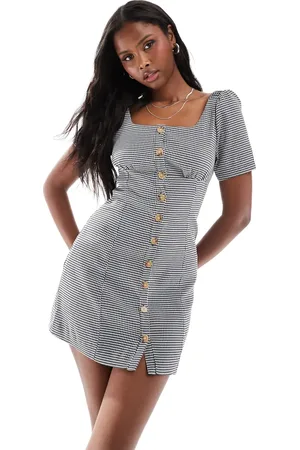 Daisy Street Mini milkmaid dress with button down front in mono gingham