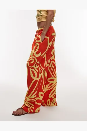 Topshop Linen blend balloon pants in bright orange abstract floral print