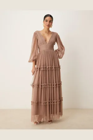 Lace & Beads Boho ruffle maxi dress in soft taupe