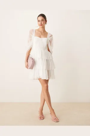 Lace & Beads Off the shoulder corset tulle mini dress in ivory