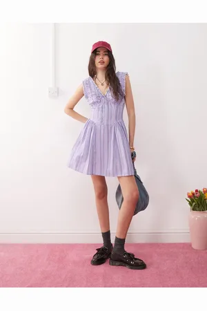 Reclaimed Sundress with ruched detailing in purple candy stripe