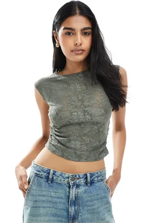 Pull&Bear Floral textured ruched side top in khaki
