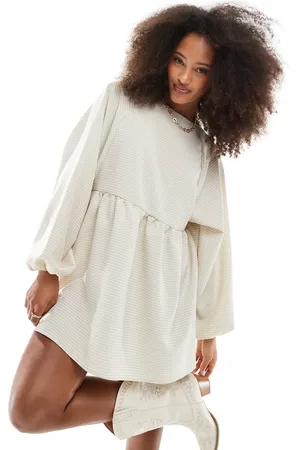 Daisy Street Oversized long sleeve smock mini dress in washed sand plaid