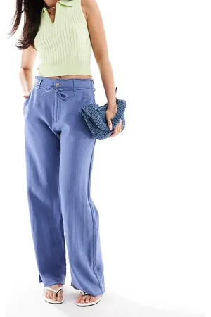Pull&Bear Linen blend wide leg pants with raw hem in