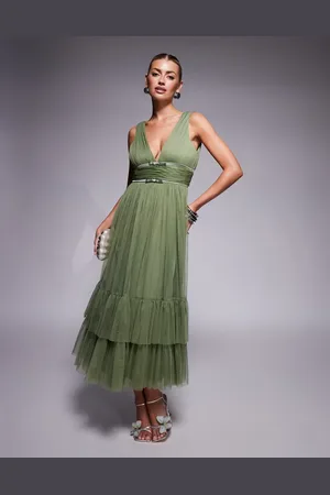 Lace & Beads Bow waist tiered tulle midaxi dress in soft olive