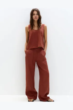 Pull&Bear Tie waist wide leg linen pants in