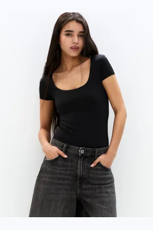 Pull&Bear Polyamide scoop neck short sleeve bodysuit in black