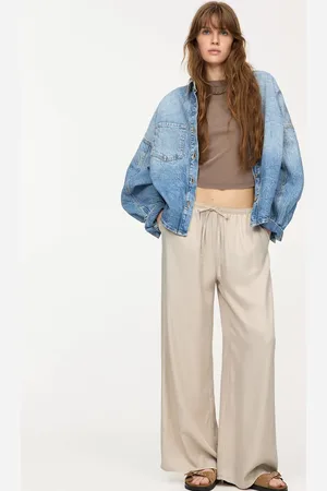 Pull&Bear Wide leg satin sweatpants in beige