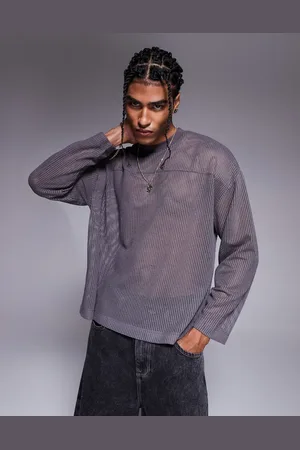 ASOS Boxy oversized long sleeve t-shirt with dropped shoulders in charcoal open mesh