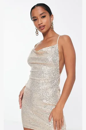 Parisian Cami strap cowl front sequin embellished mini dress in champagne