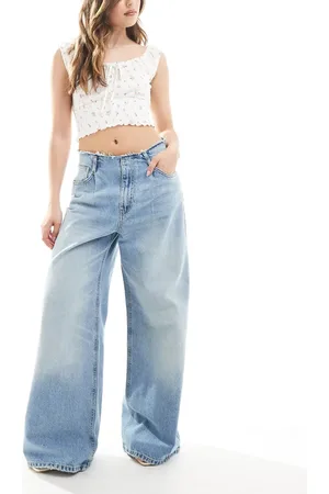 Pull&Bear Wide leg jeans with raw waistband in medium