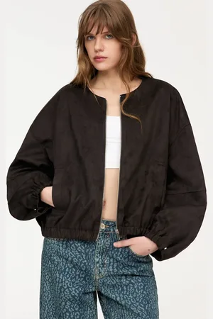Pull&Bear Faux suede collarless bomber jacket in