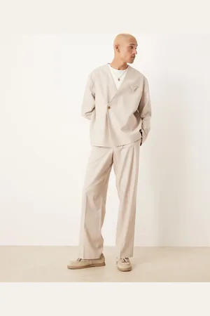 ASOS Wide leg linen blend suit pants in stone