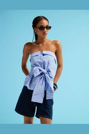 Monki Strapless shirt bandeau top with tie front detail in and pink pinstripe