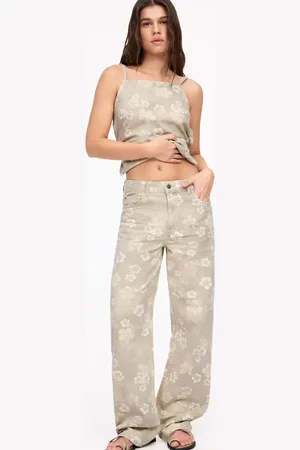 Pull&Bear Floral print wide leg jeans in beige
