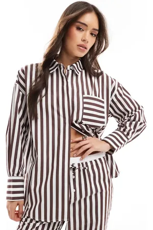 4th & Reckless Cotton oversized pocket detail shirt in brown stripe - part of a set