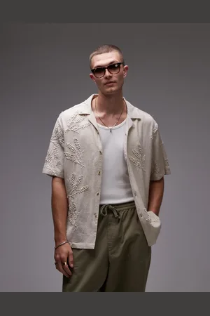 Topman Short sleeve hand embroidered shirt in stone