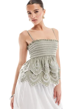 Stradivarius Embroidery ruffle cami top in khaki