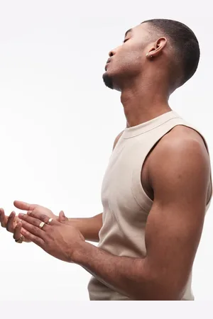 Topman Fitted rib tank top with high neck in stone
