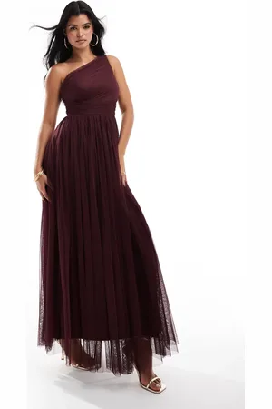 Lace & Beads Bridesmaid one shoulder tulle maxi dress in plum