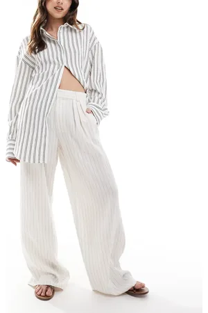 Stradivarius Wide leg crinkle pleat front pants in ecru stripe