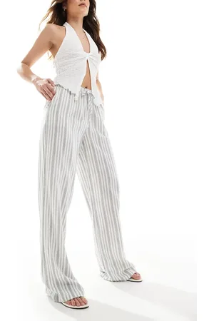 Stradivarius Linen blend pull on crinkle pants in stripe