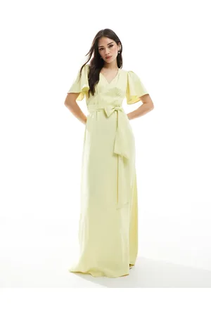 Maids to Measure Bridesmaid flutter sleeve maxi dress in lemon
