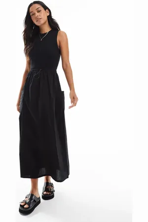 Threadbare High neck maxi dress with poplin skirt and waist detail in