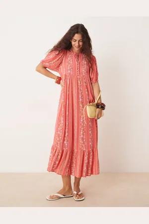 Y.A.S Festival boho style puff sleeve maxi dress with button front detail in coral floral stripe