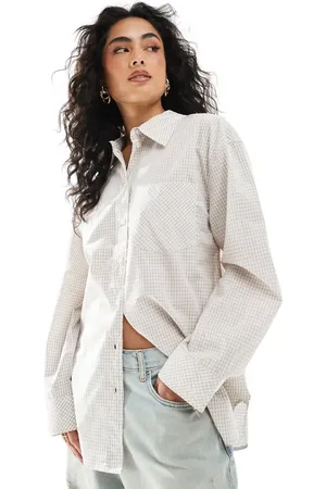 Monki Oversized cotton shirt in beige plaid