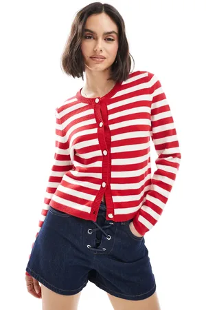 French Connection Boxy button-up cardigan in red and white stripe