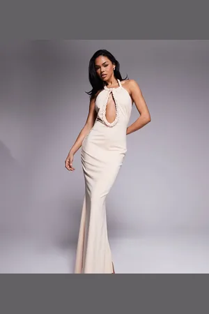 Murci Exclusive double layered slinky rope trim keyhole detail halterneck maxi dress in cream