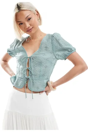 Stradivarius Cropped tie front puff sleeve blouse in khaki