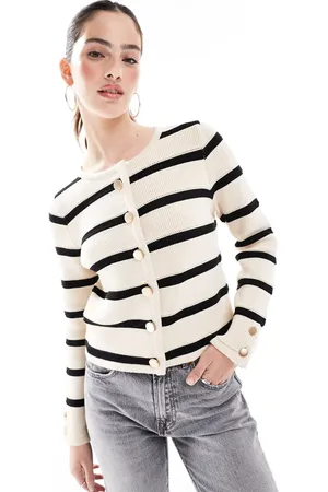 French Connection Heavyweight button up cardigan in cream and black stripe